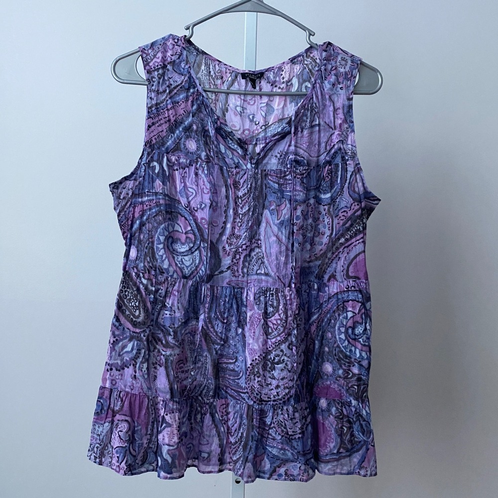 Talbots Cotton Boho Beachy Relaxed Peasant Tiered Paisley Tank Top Small Purple